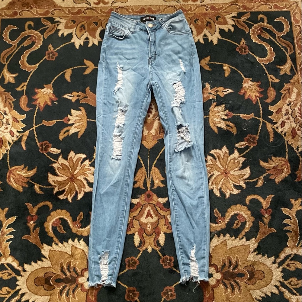 💙 [2/$25] FASHION NOVA BLUE DISTRESSED SKINNY U JEANS PANTS - WOMENS SIZE 0 💙